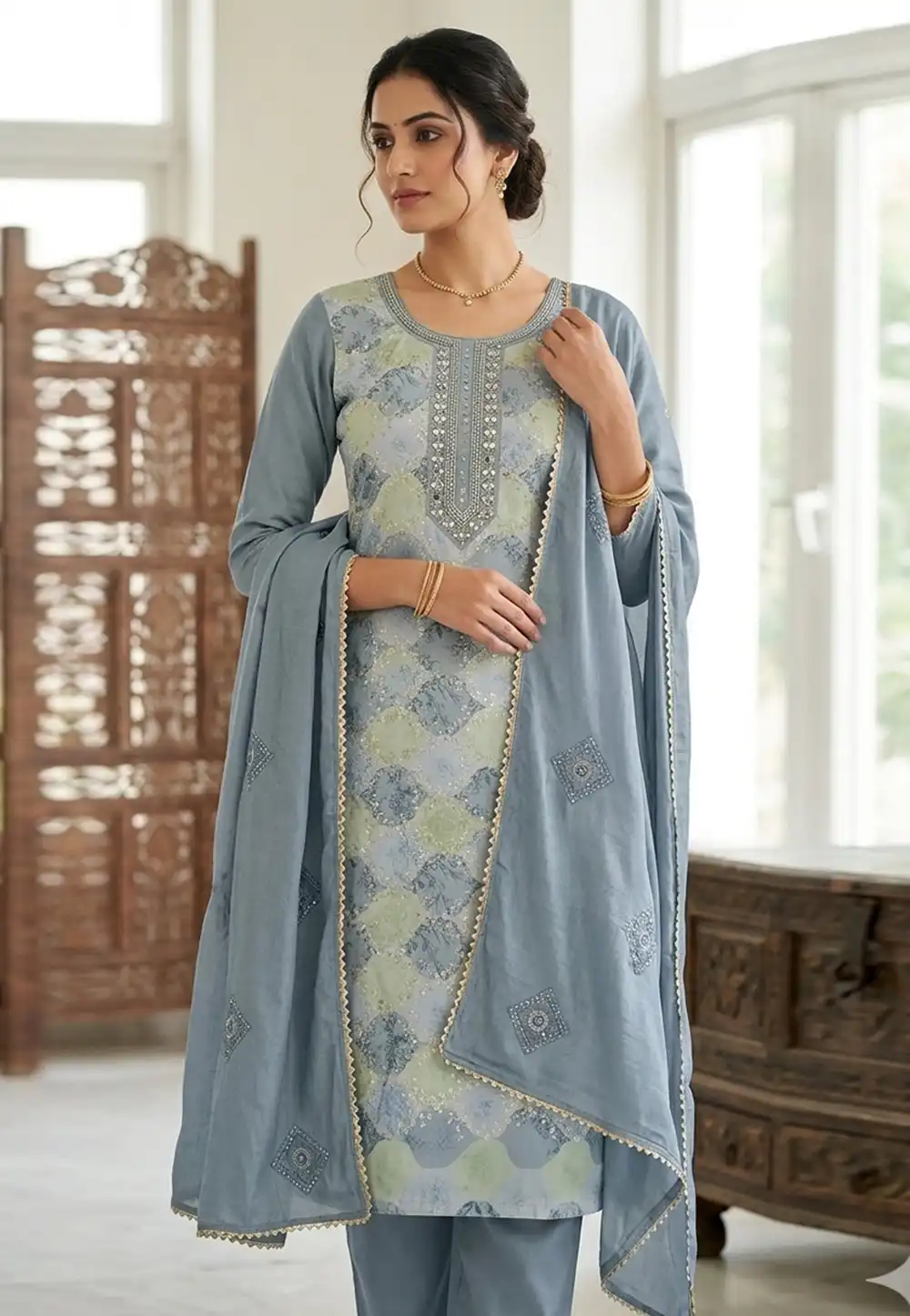 Grey Muslin Pakistani Suit 330597