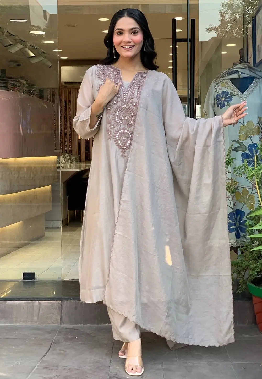 Grey Muslin Readymade Anarkali Suit 331034