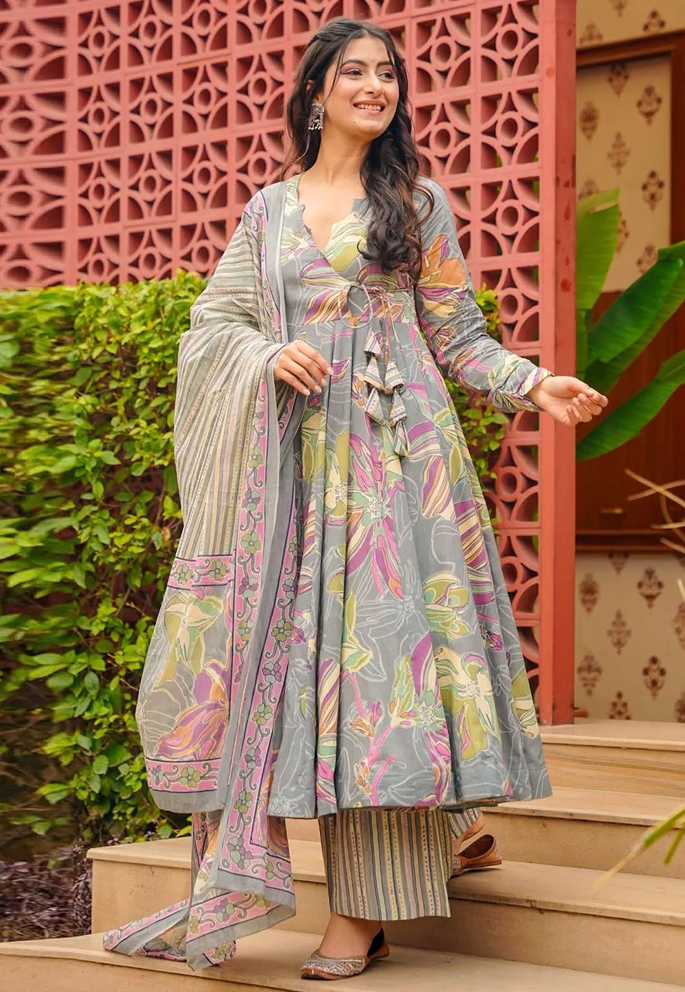 Grey Muslin Readymade Palazzo Suit 327395