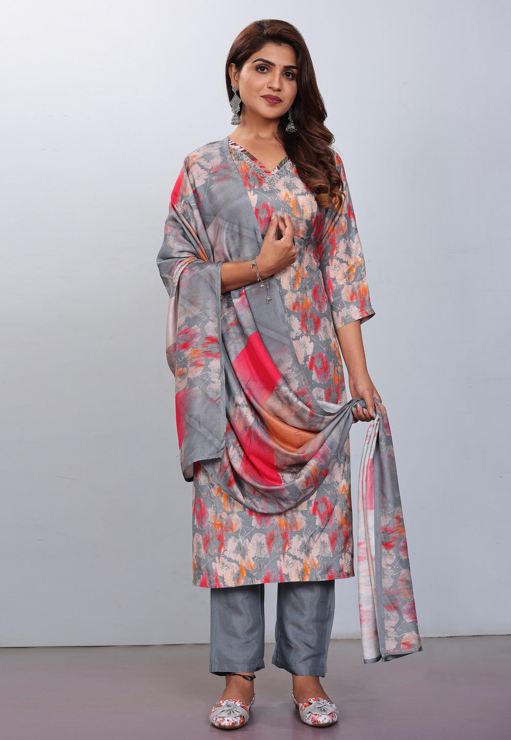 Grey Muslin Readymade Pant Style Suit 281869