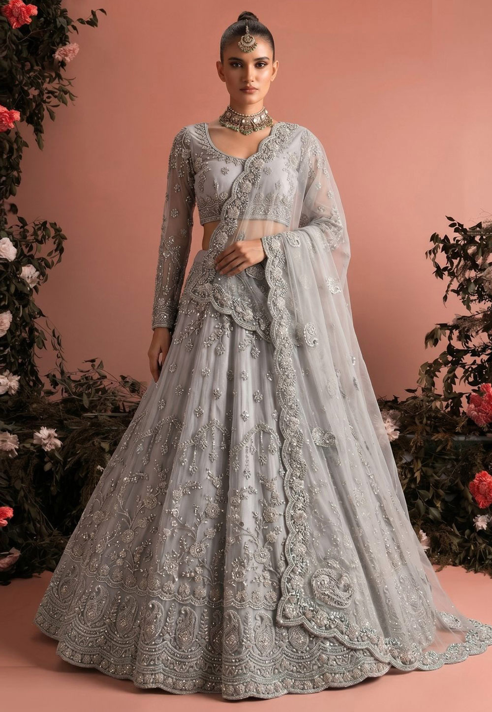 Grey Net Circular Lehenga Choli 330149