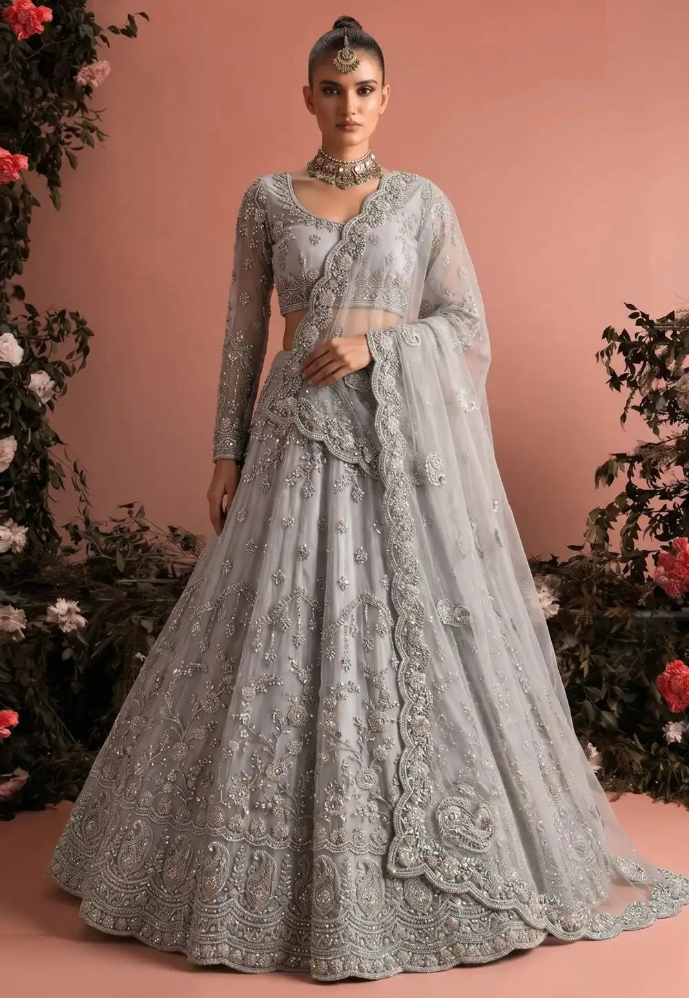 Grey Net Circular Lehenga Choli 330149