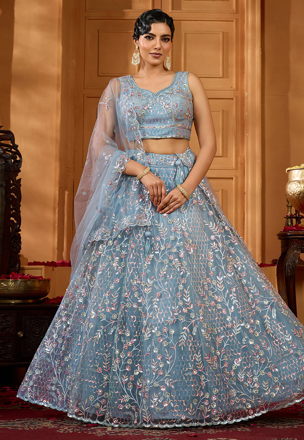 Grey Net Circular Lehenga Choli 318118
