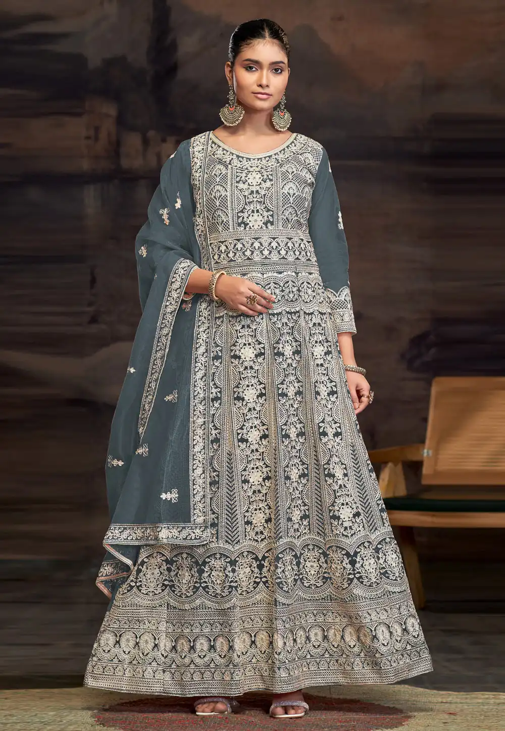 Grey Net Embroidered Long Anarkali Suit 307866