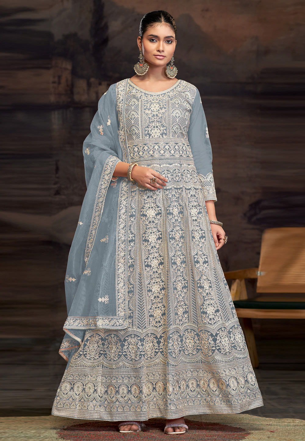 Grey Net Embroidered Long Anarkali Suit 307870