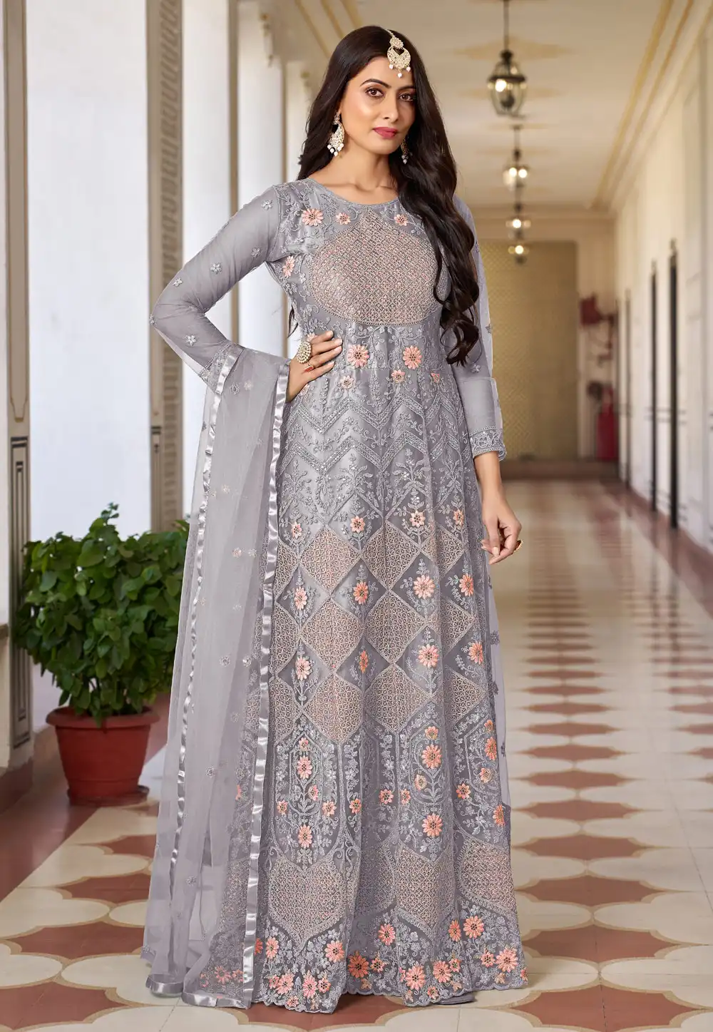 Grey Net Floor Length Anarkali Suit 281529