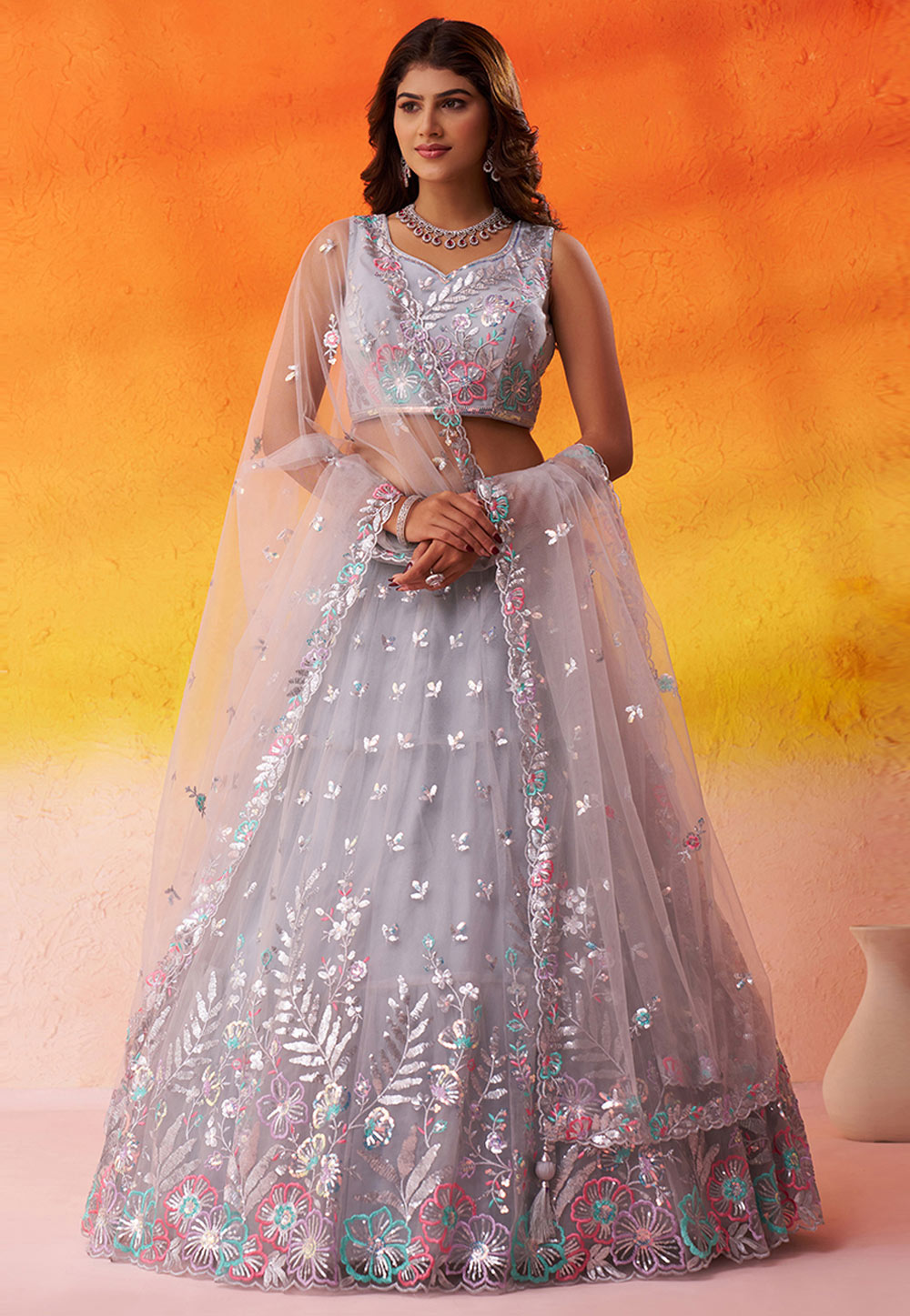 Grey Net Lehenga Choli 320996