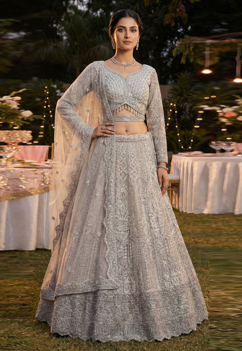 Grey Net Lehenga Choli For Wedding 322419