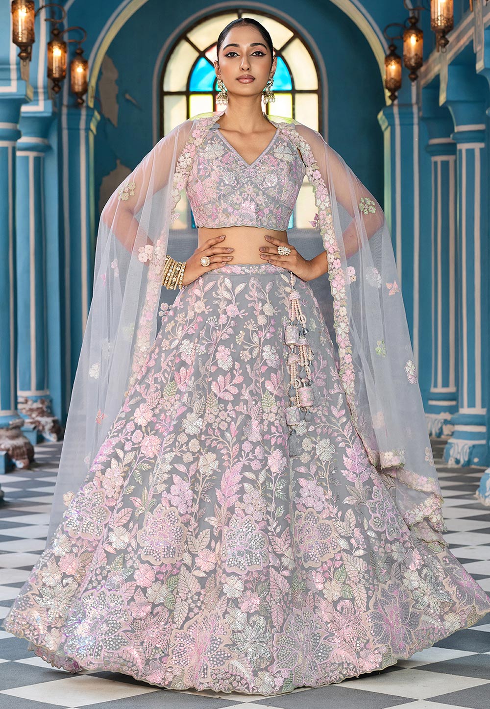 Grey Net Lehenga Choli For Wedding 319381