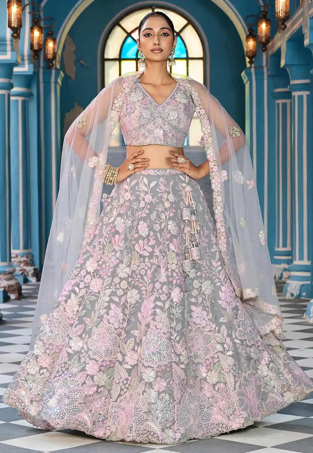 Grey Net Lehenga Choli For Wedding 319381