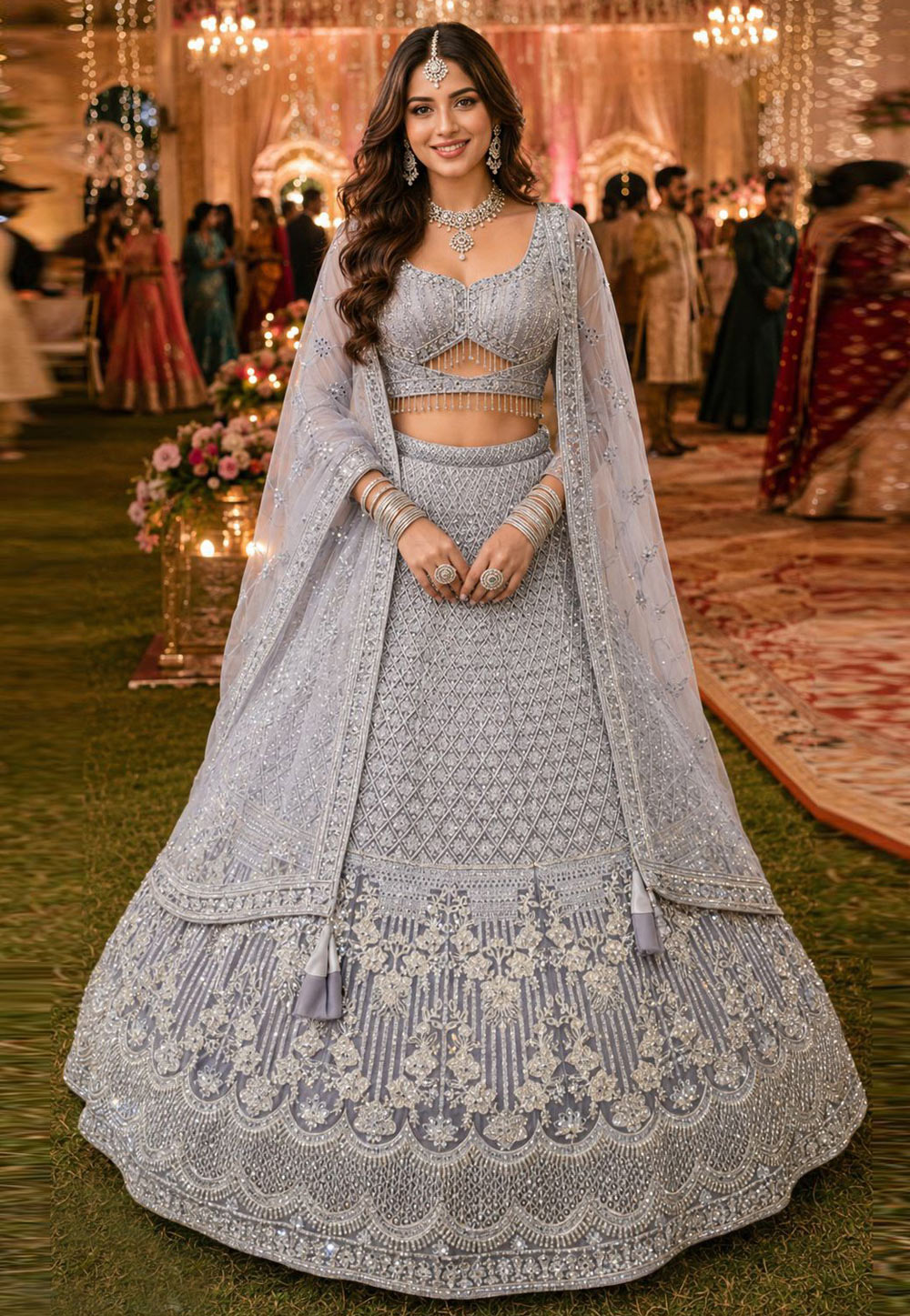 Grey Net Lehenga Choli For Wedding 329723