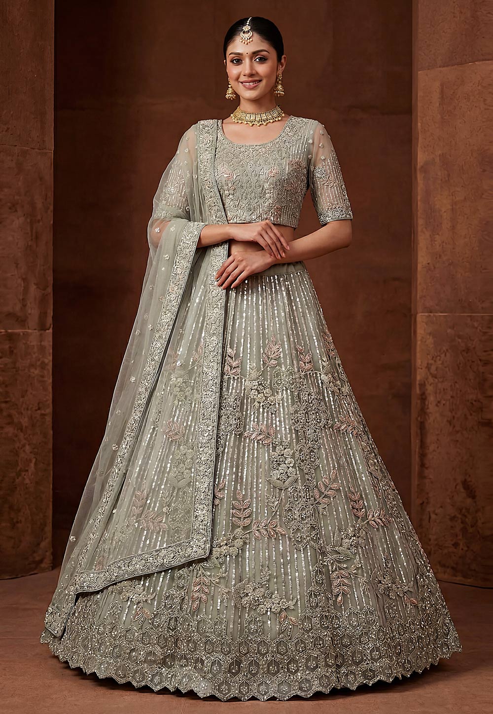 Grey Net Lehenga Choli For Wedding 328228