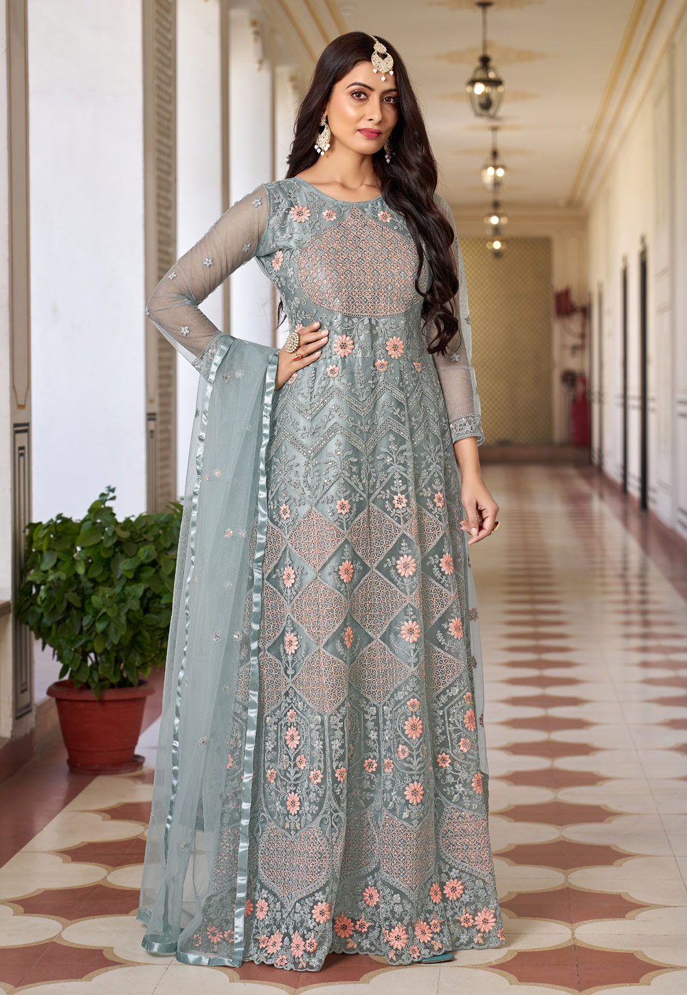 Grey Net Long Anarkali Suit 281526