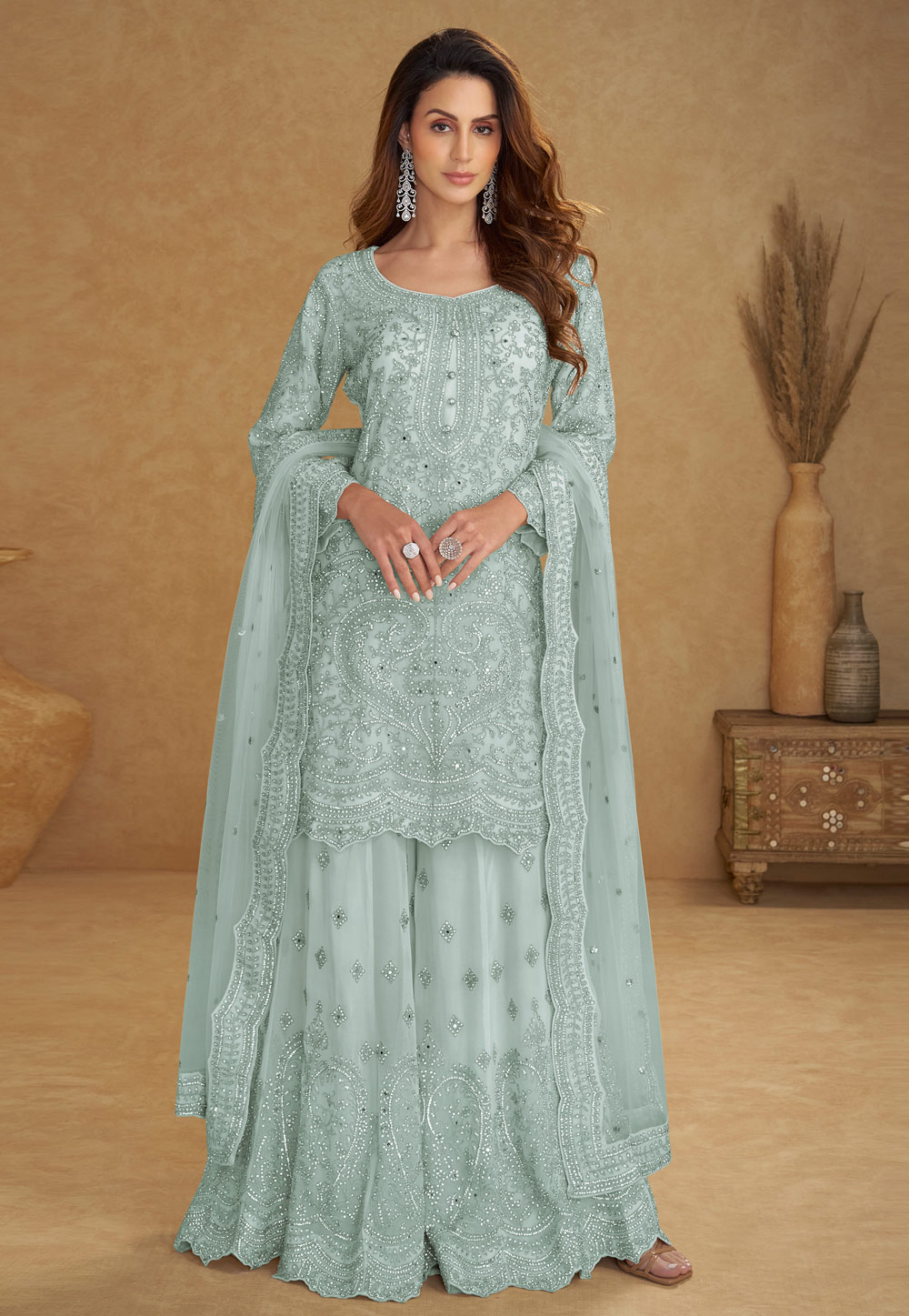 Grey Net Palazzo Suit 322726