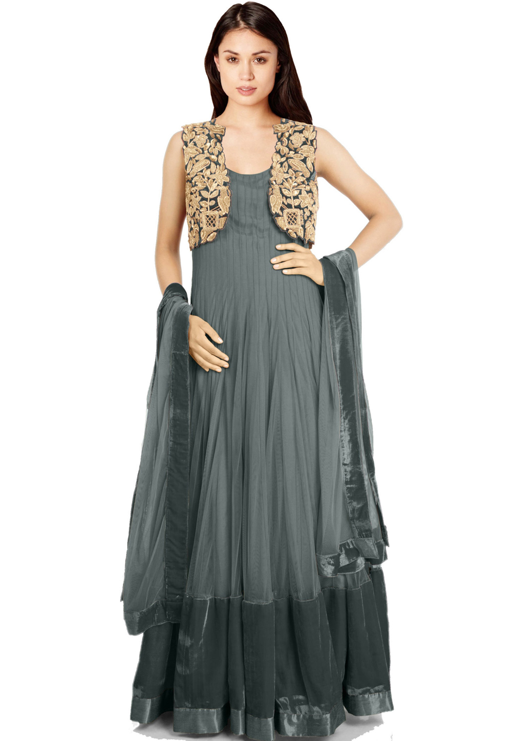 Grey Net Readymade Anarkali Suit 322200