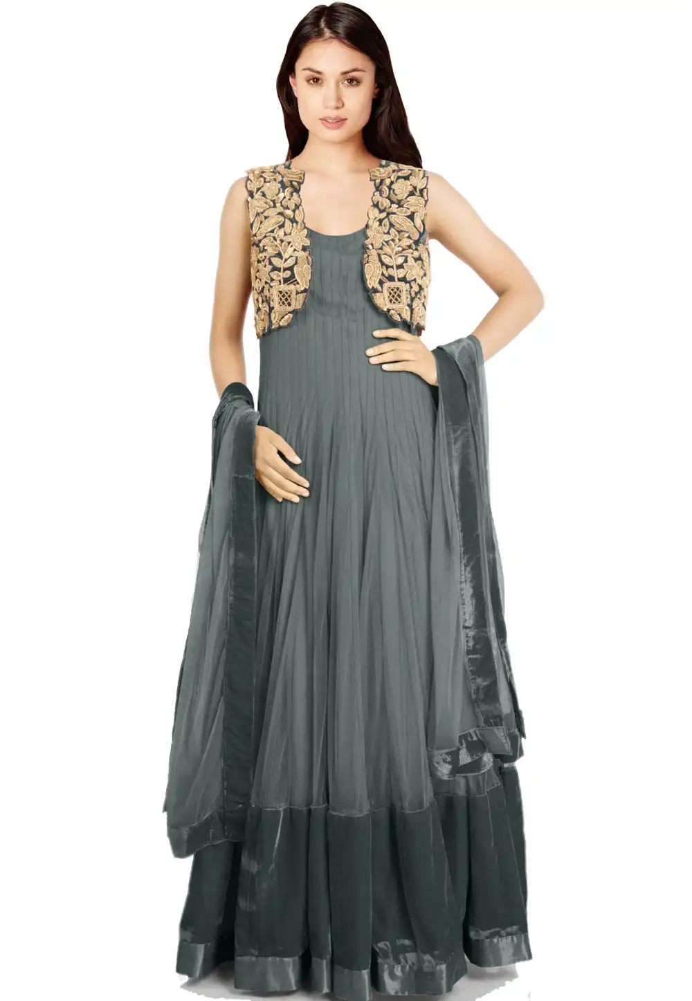 Grey Net Readymade Anarkali Suit 322200