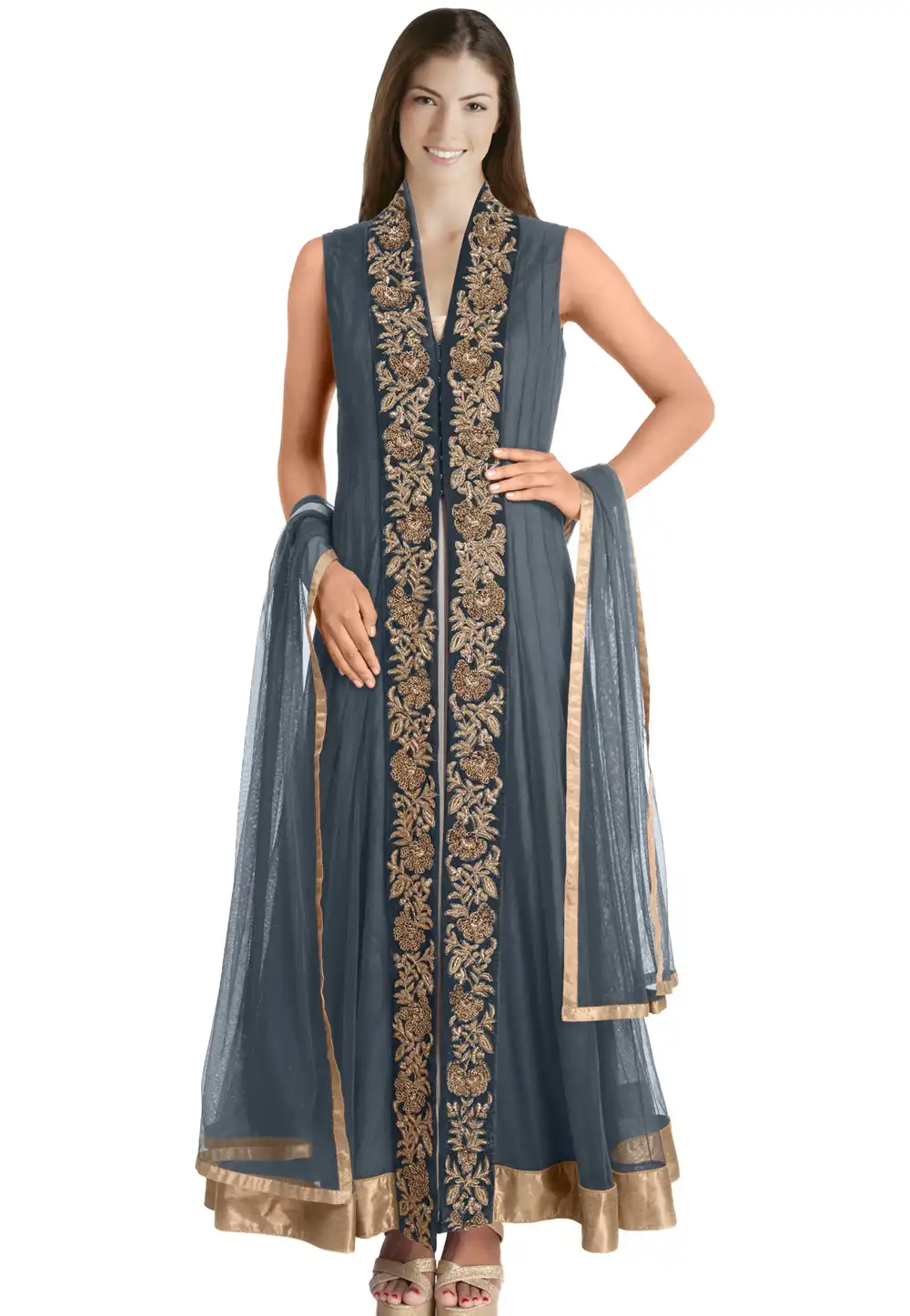 Grey Net Readymade Center Slit Anarkali Suit 321774