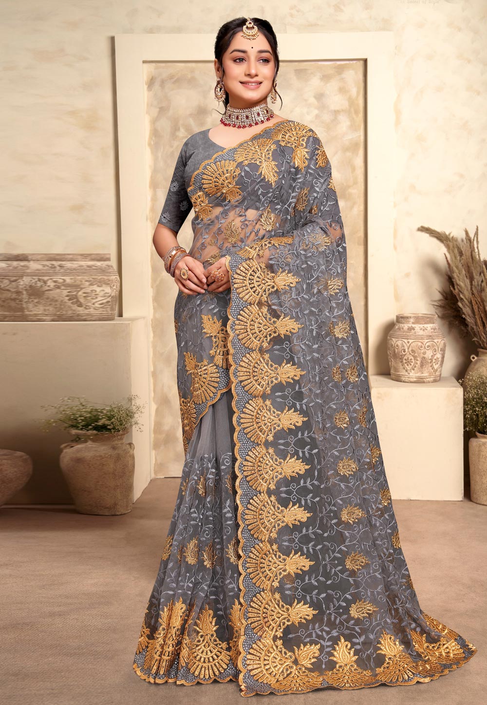 Grey Net Saree With Blouse 280321