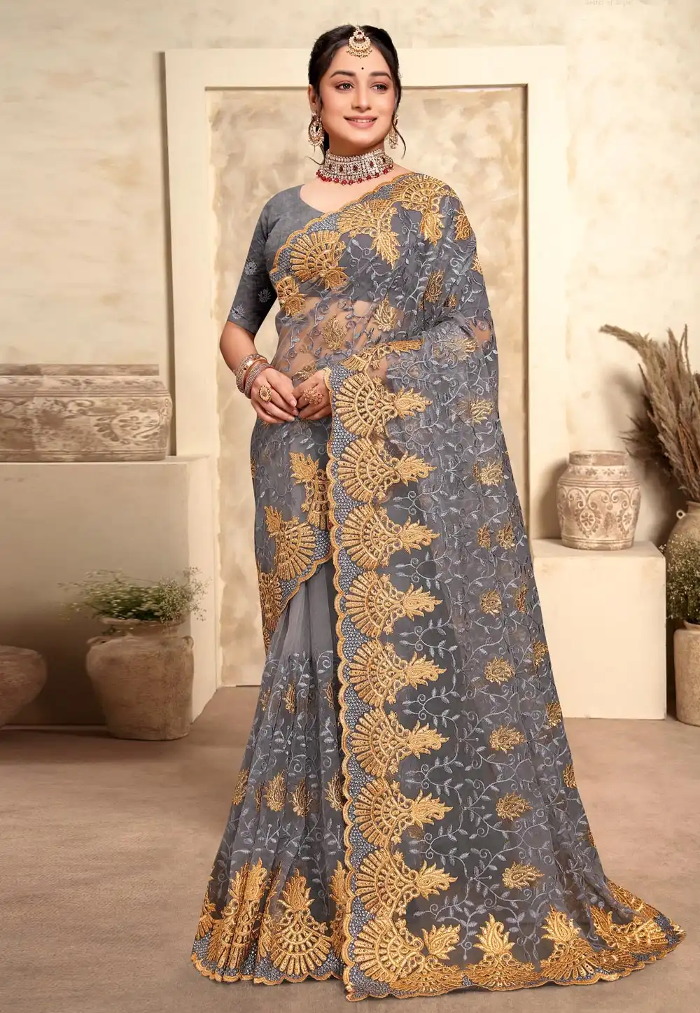 Grey Net Saree With Blouse 280321