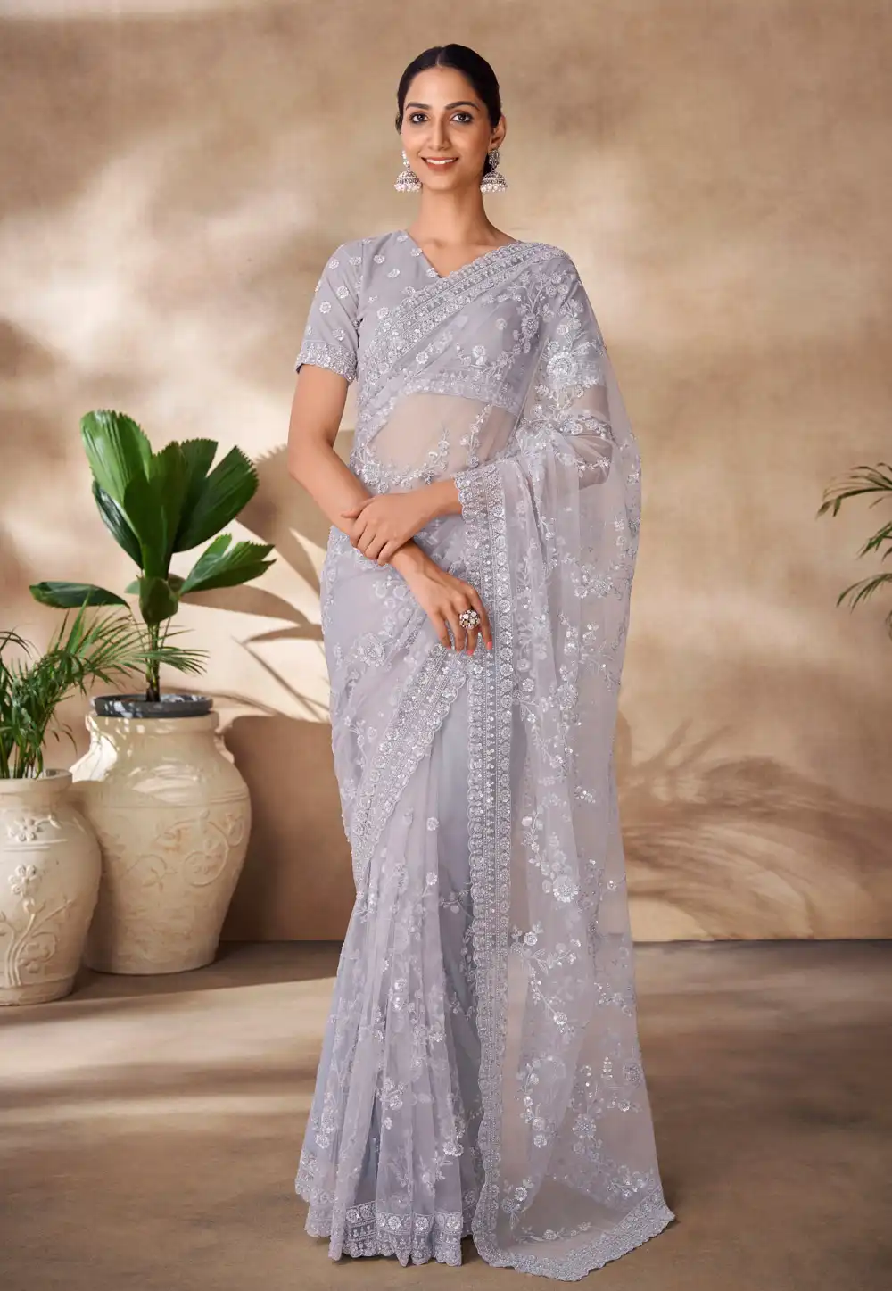 Grey Net Saree With Blouse 288567