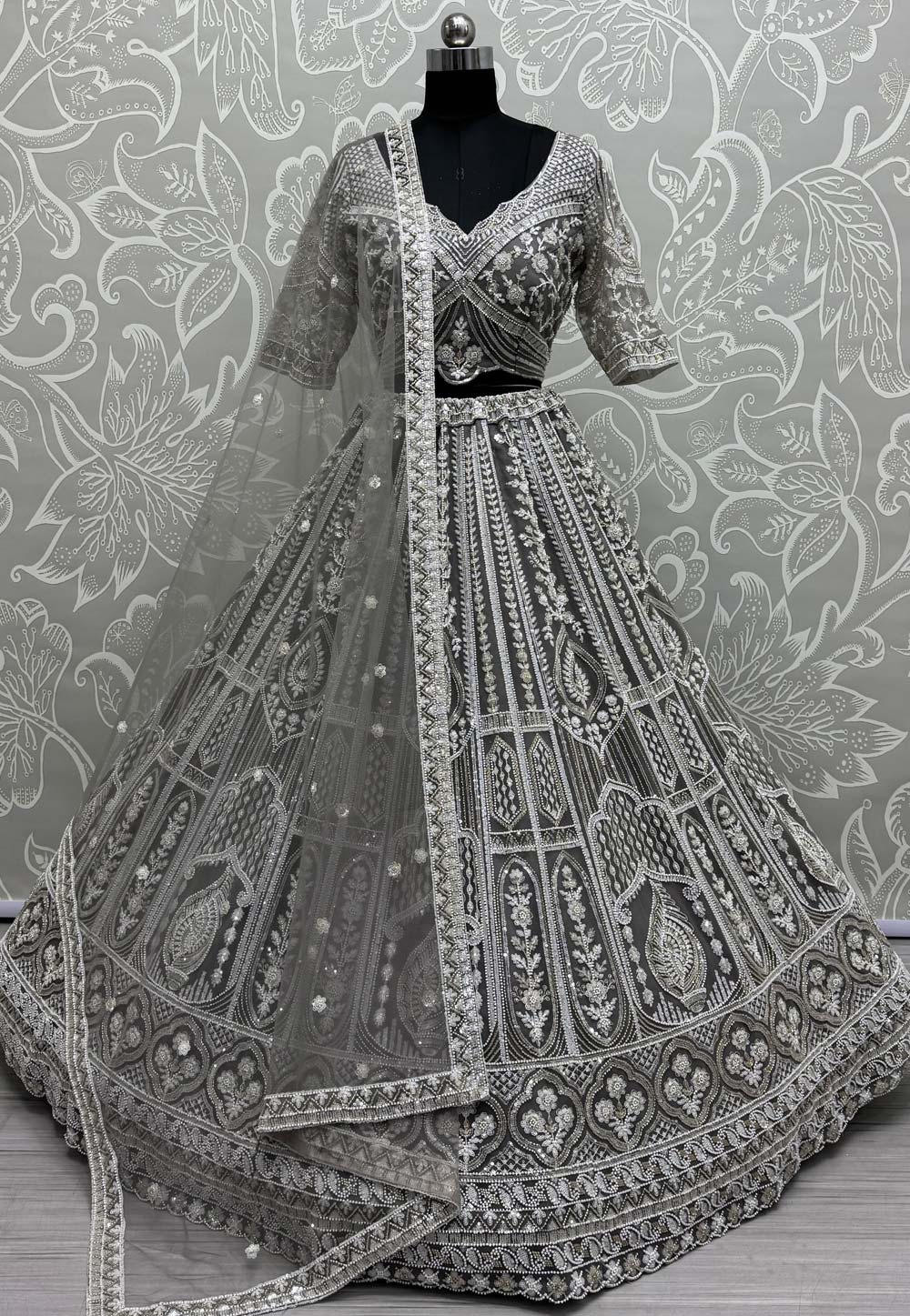 Grey Net Wedding Lehenga Choli 310325