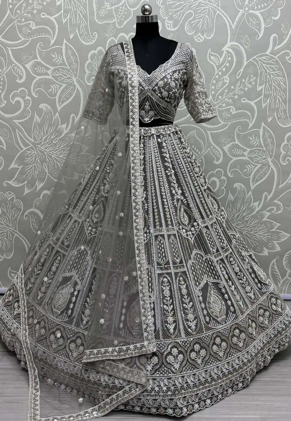 Grey Net Wedding Lehenga Choli 310325