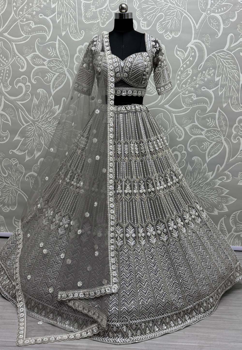 Grey Net Wedding Lehenga Choli 310329