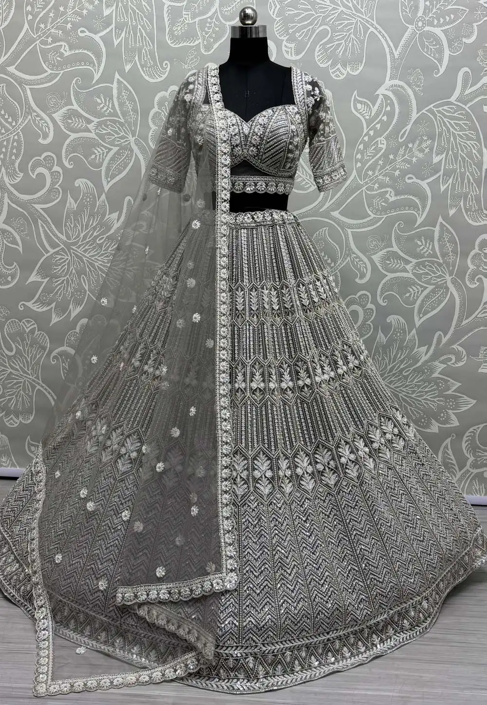 Grey Net Wedding Lehenga Choli 310329