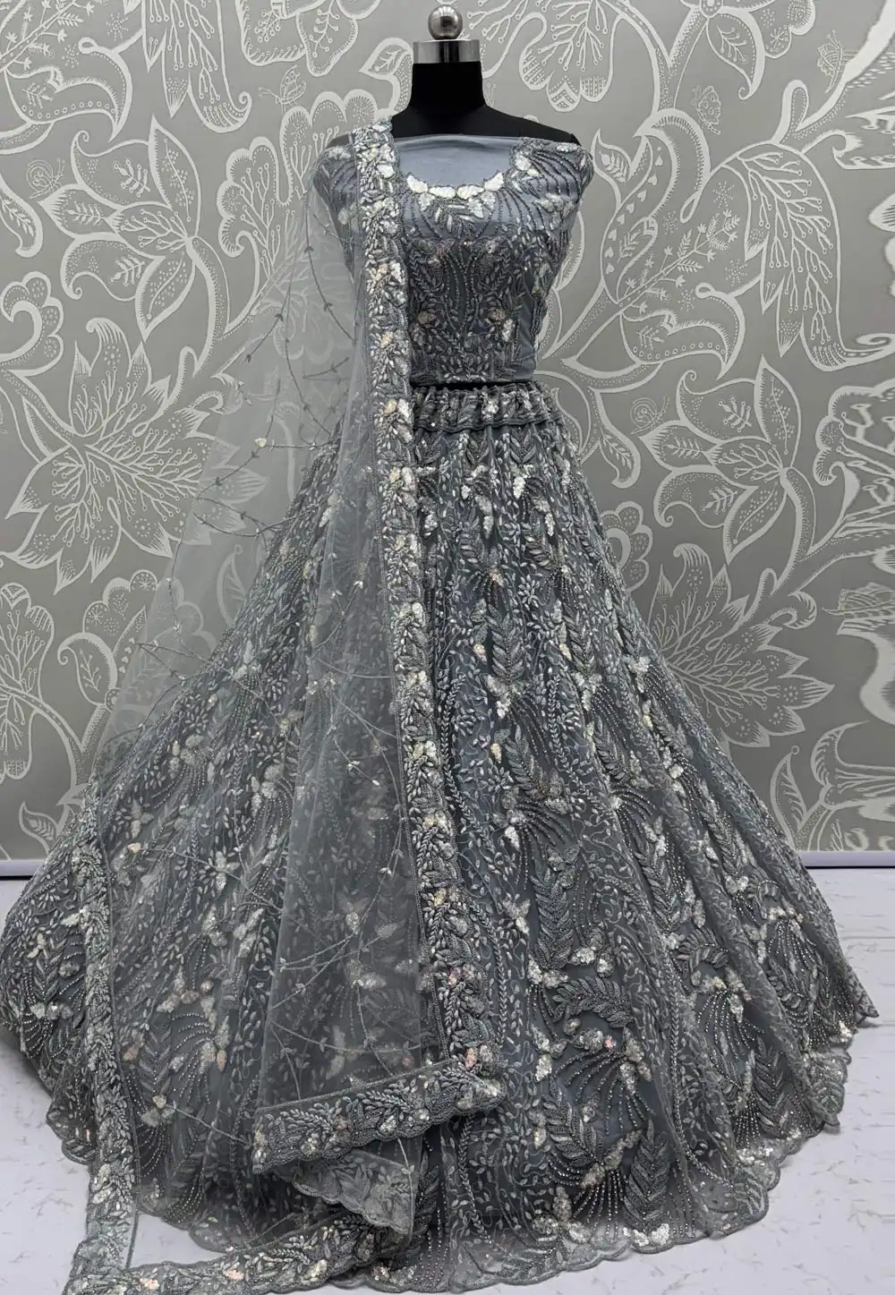 Grey Net Wedding Lehenga Choli 315408