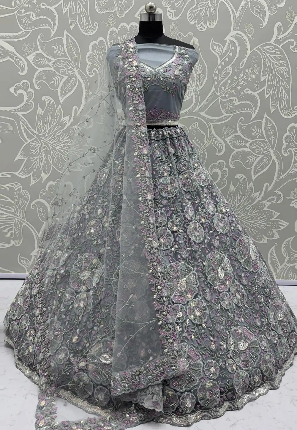 Grey Net Wedding Lehenga Choli 316238