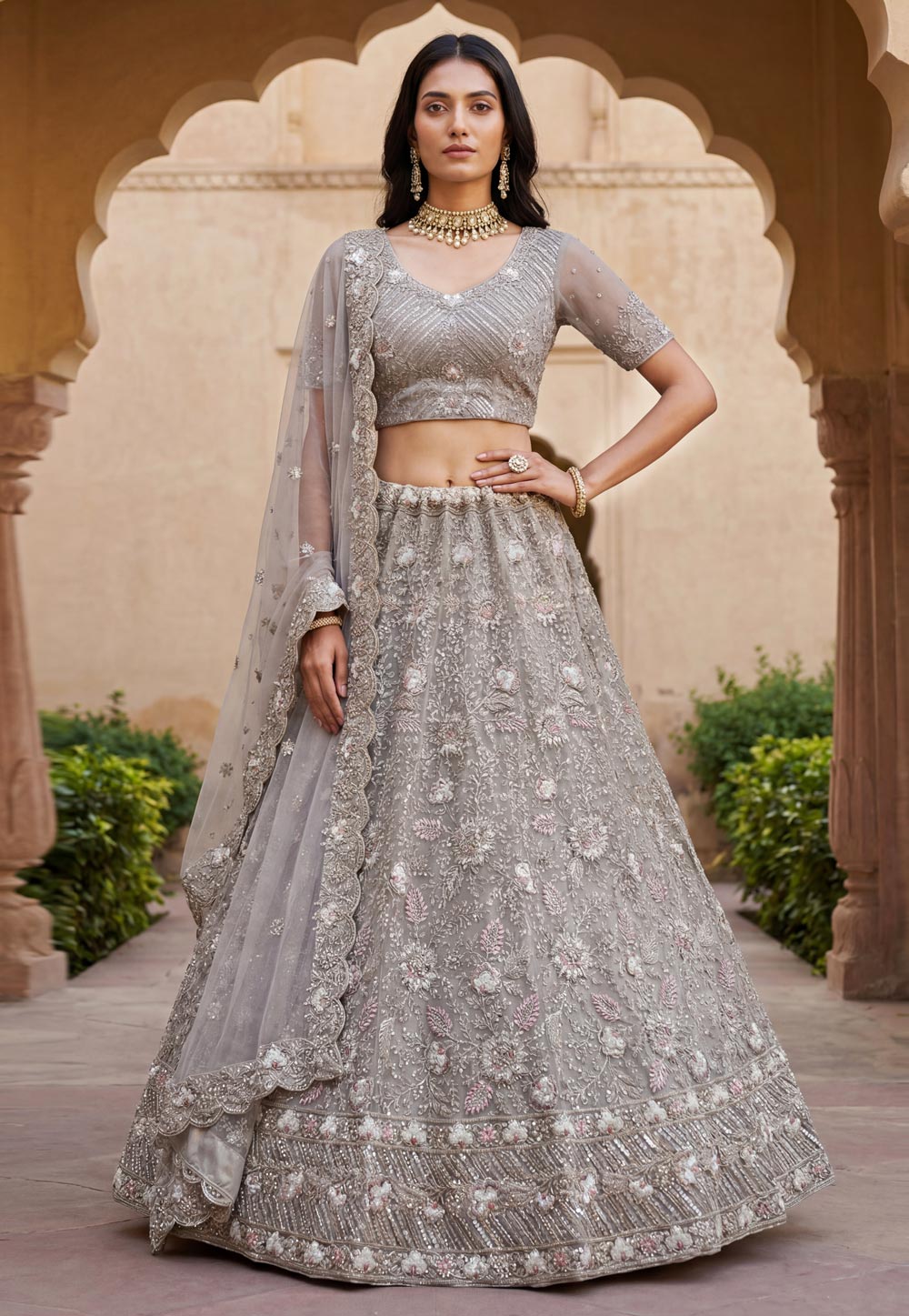 Grey Net Wedding Lehenga Choli 323511