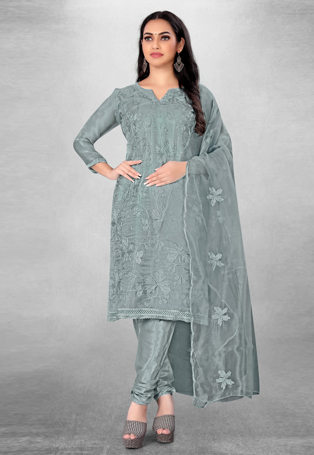 Grey Organza Churidar Suit 279284