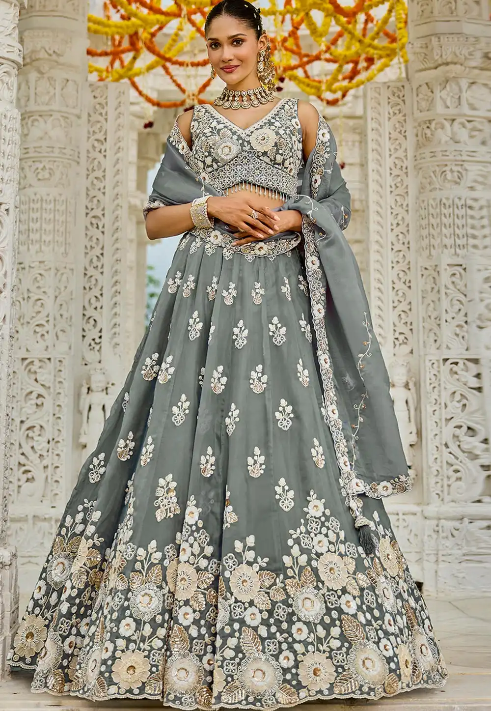 Grey Organza Circular Lehenga Choli 317407