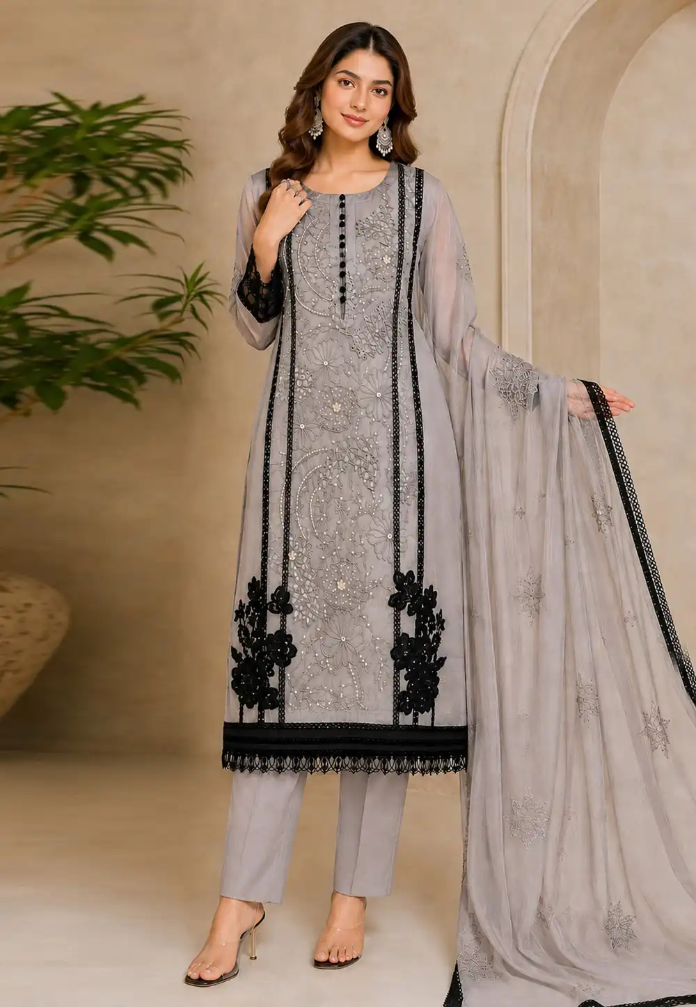 Grey Organza Embroidered Pant Style Suit 330650