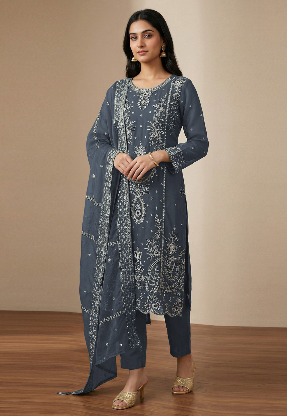 Grey Organza Pakistani Suit 329162