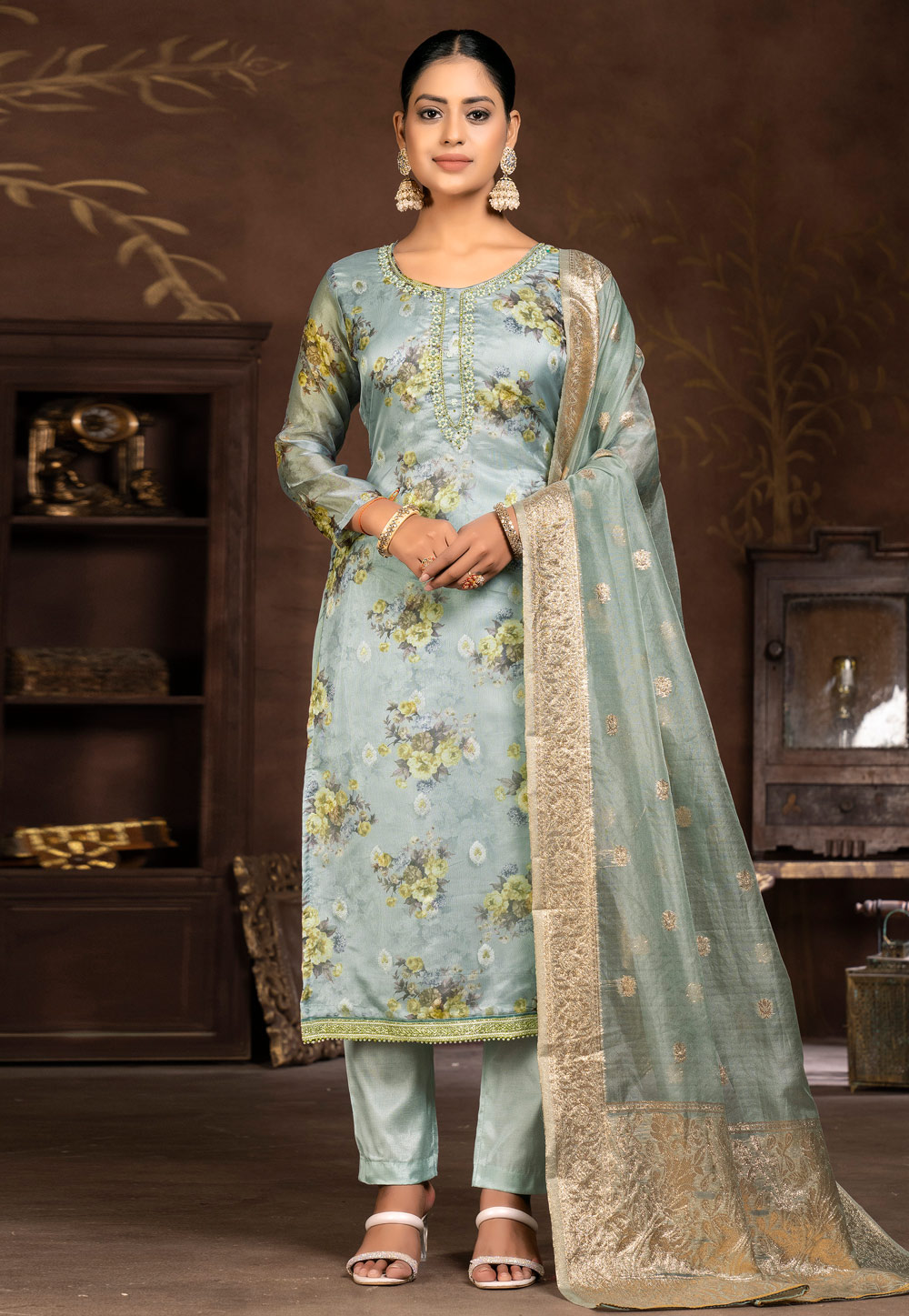 Sea Green Organza Pakistani Suit 281080