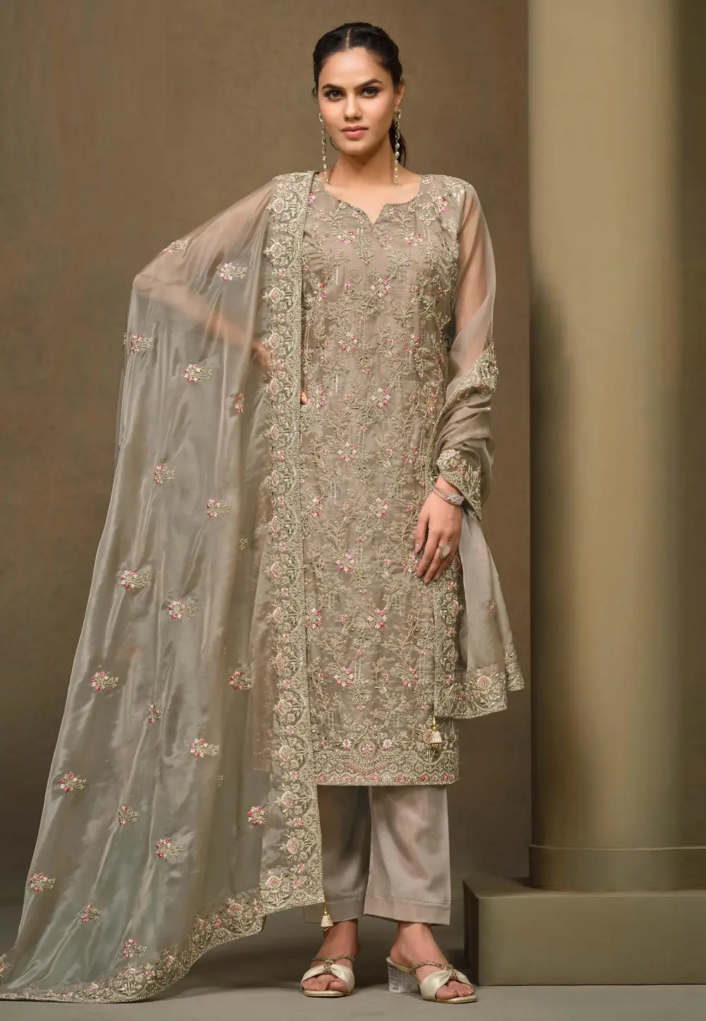 Grey Organza Pant Style Suit 336760