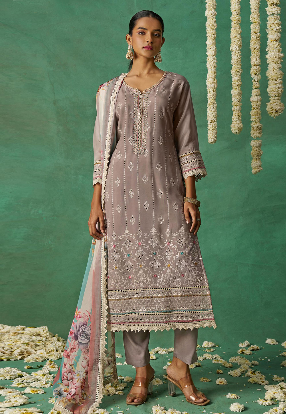 Grey Organza Readymade Pant Style Suit 319198