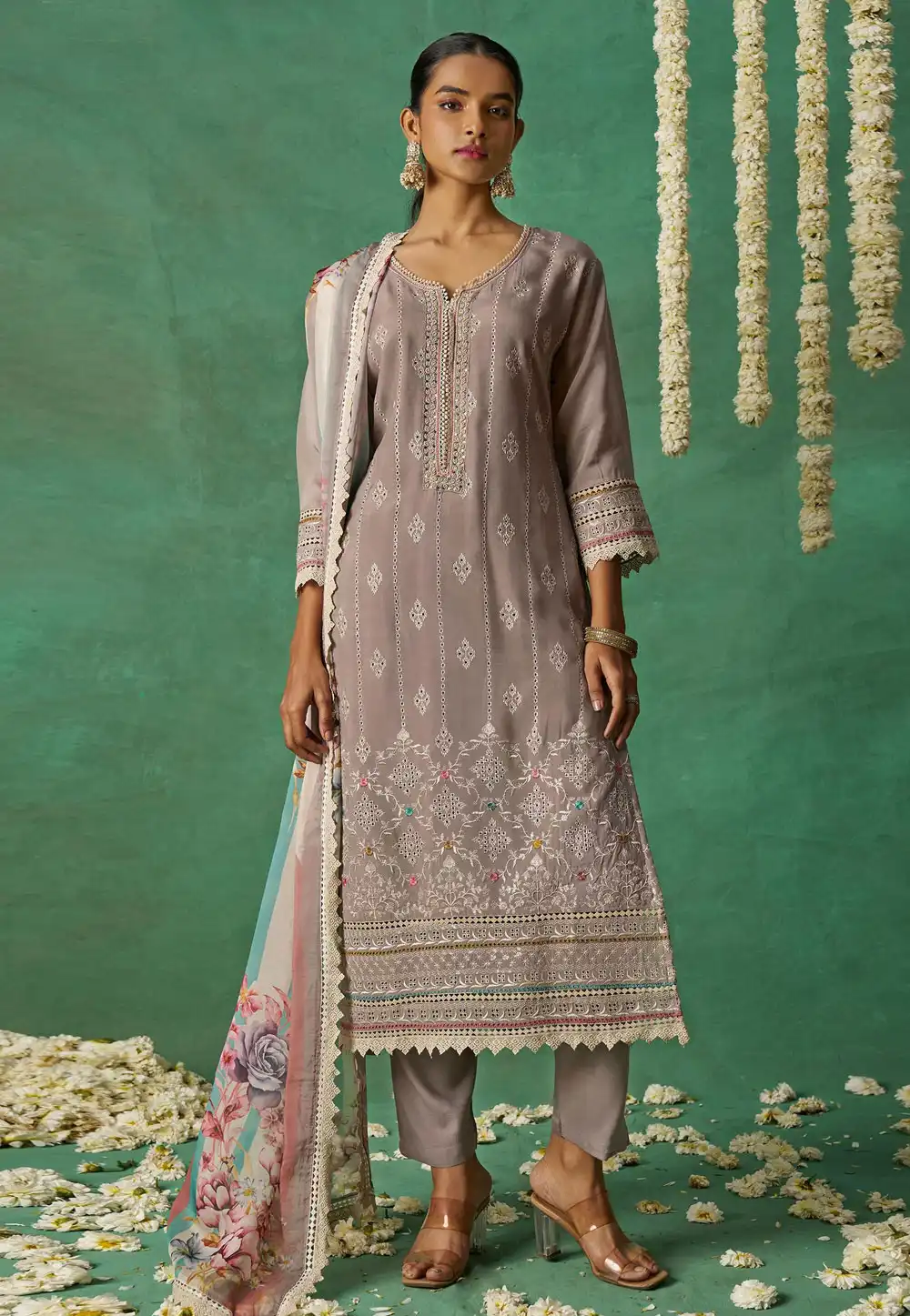Grey Organza Readymade Pant Style Suit 319198
