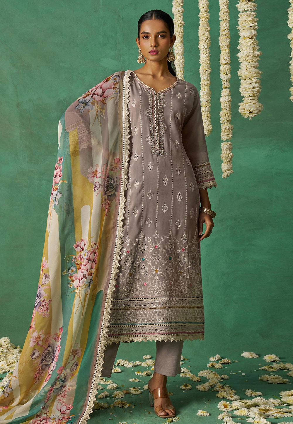 Grey Organza Readymade Pant Style Suit 319200