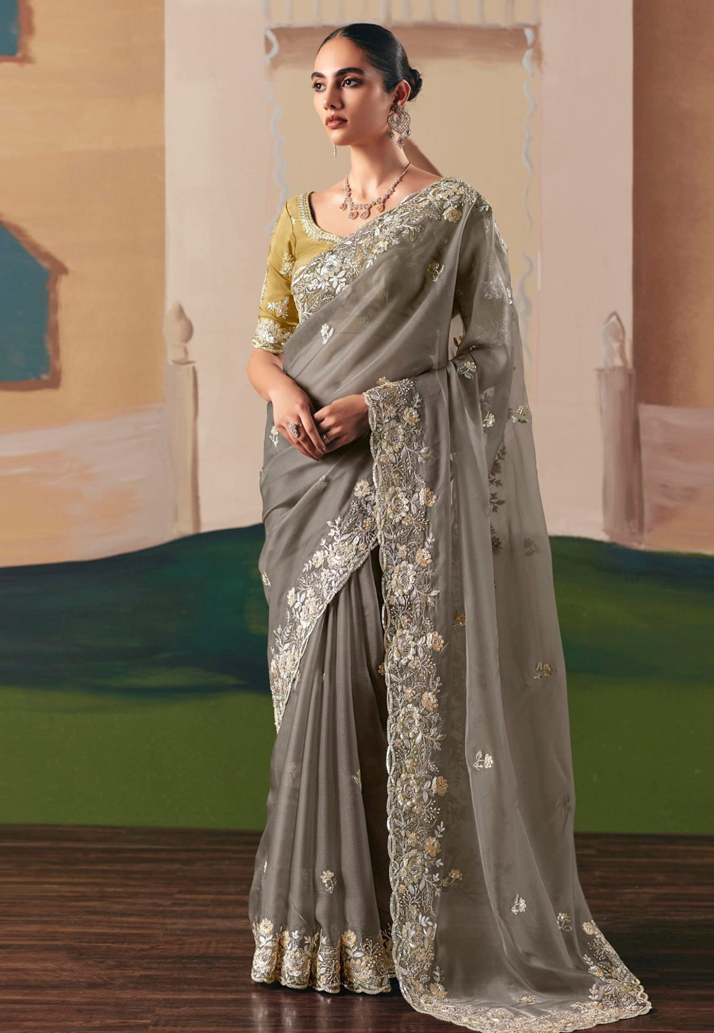 Grey Organza Saree With Blouse 318357