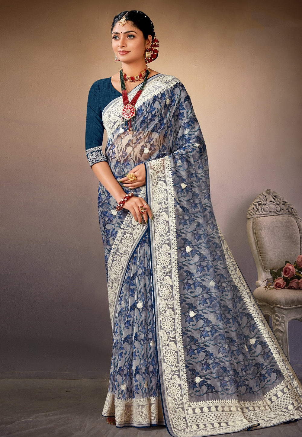 Grey Organza Saree With Blouse 278744