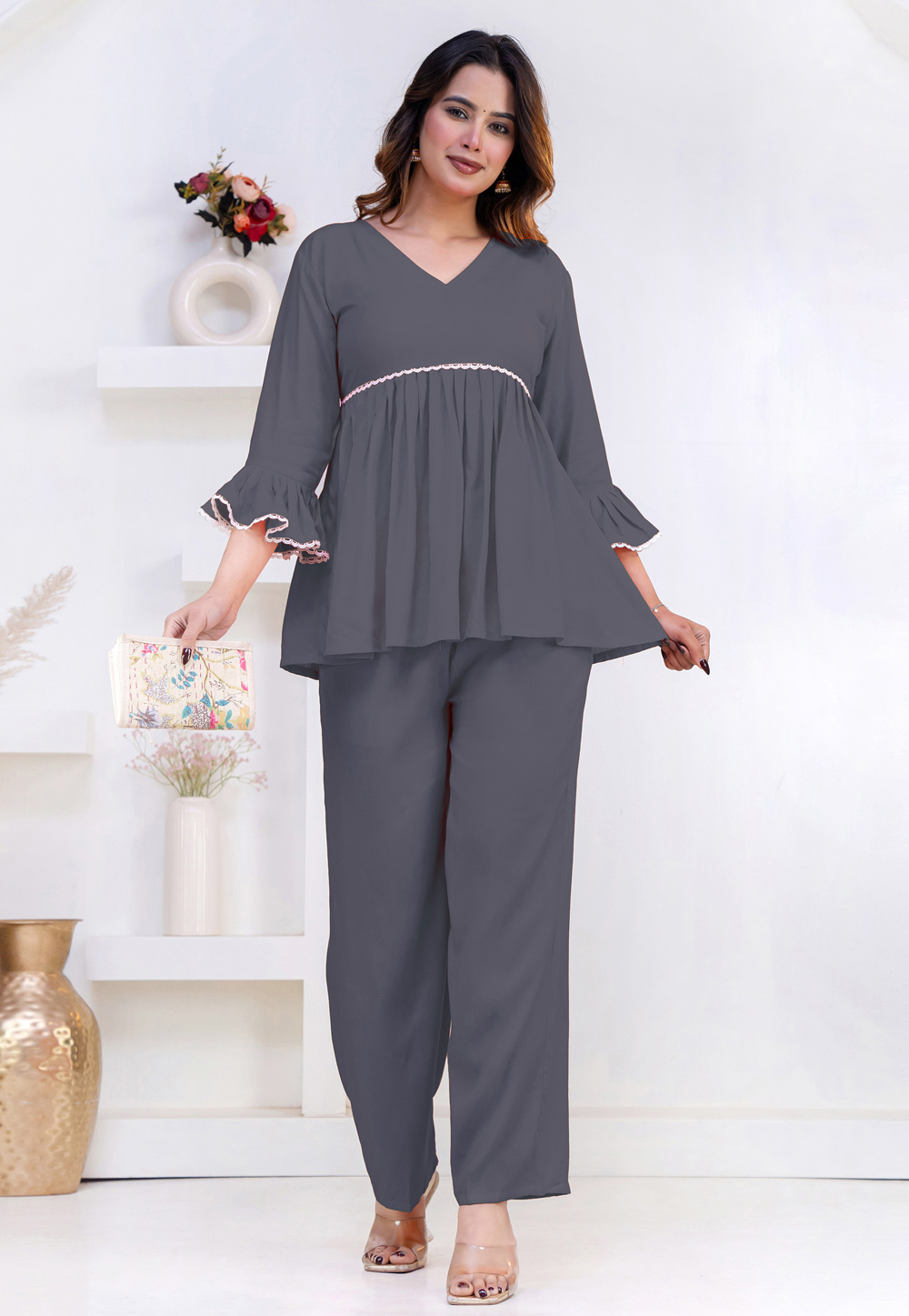 Grey Rayon Kurta Set With Palazzo 327286