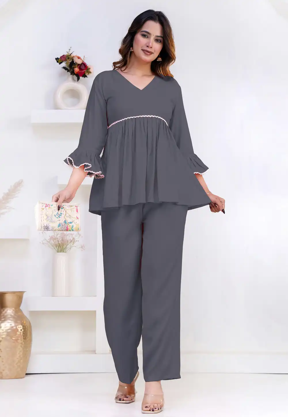 Grey Rayon Kurta Set With Palazzo 327286