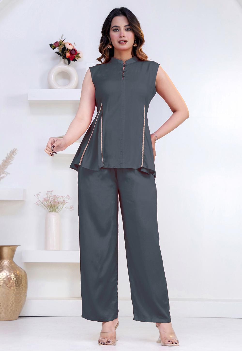 Grey Rayon Peplum Suit 327298