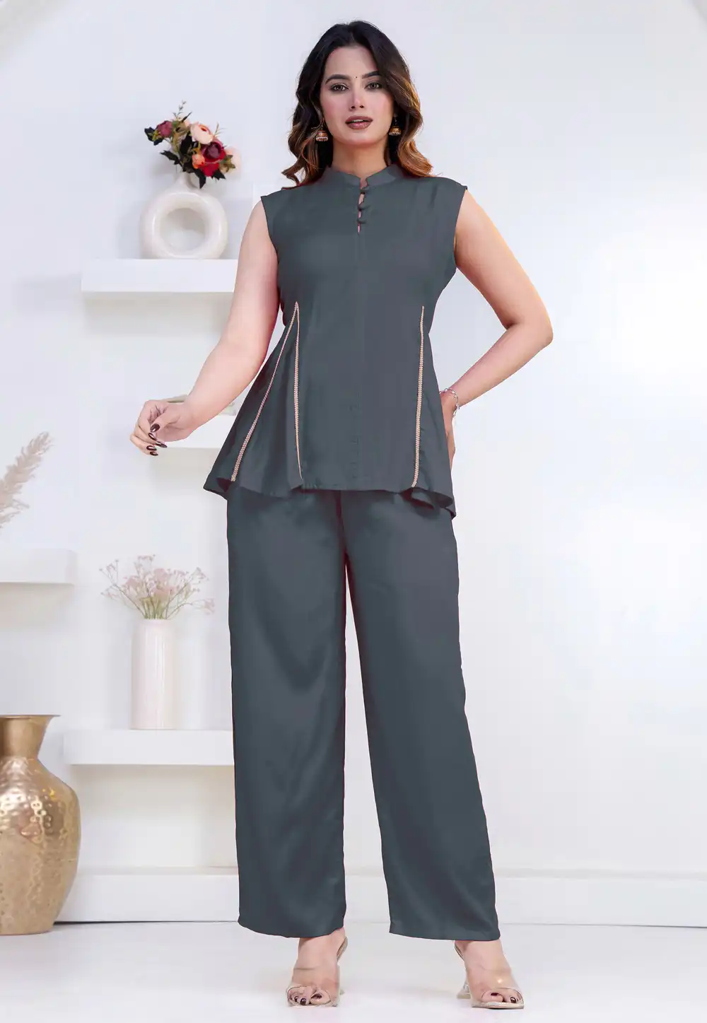 Grey Rayon Peplum Suit 327298