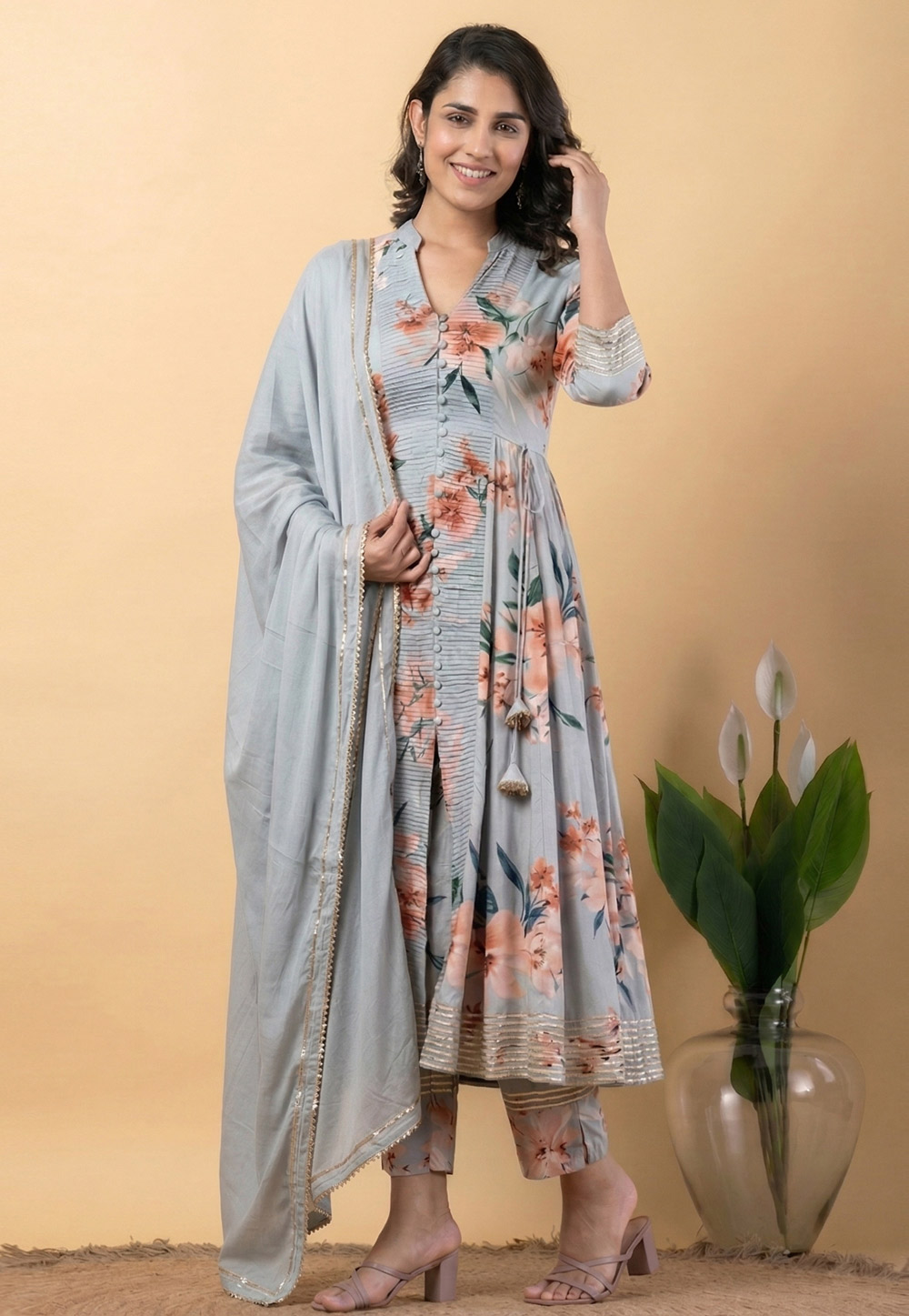 Grey Rayon Readymade Anarkali Suit 328108