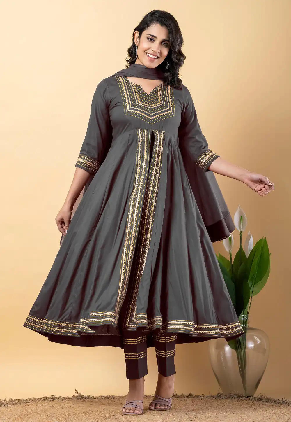 Grey Rayon Readymade Anarkali Suit 309283