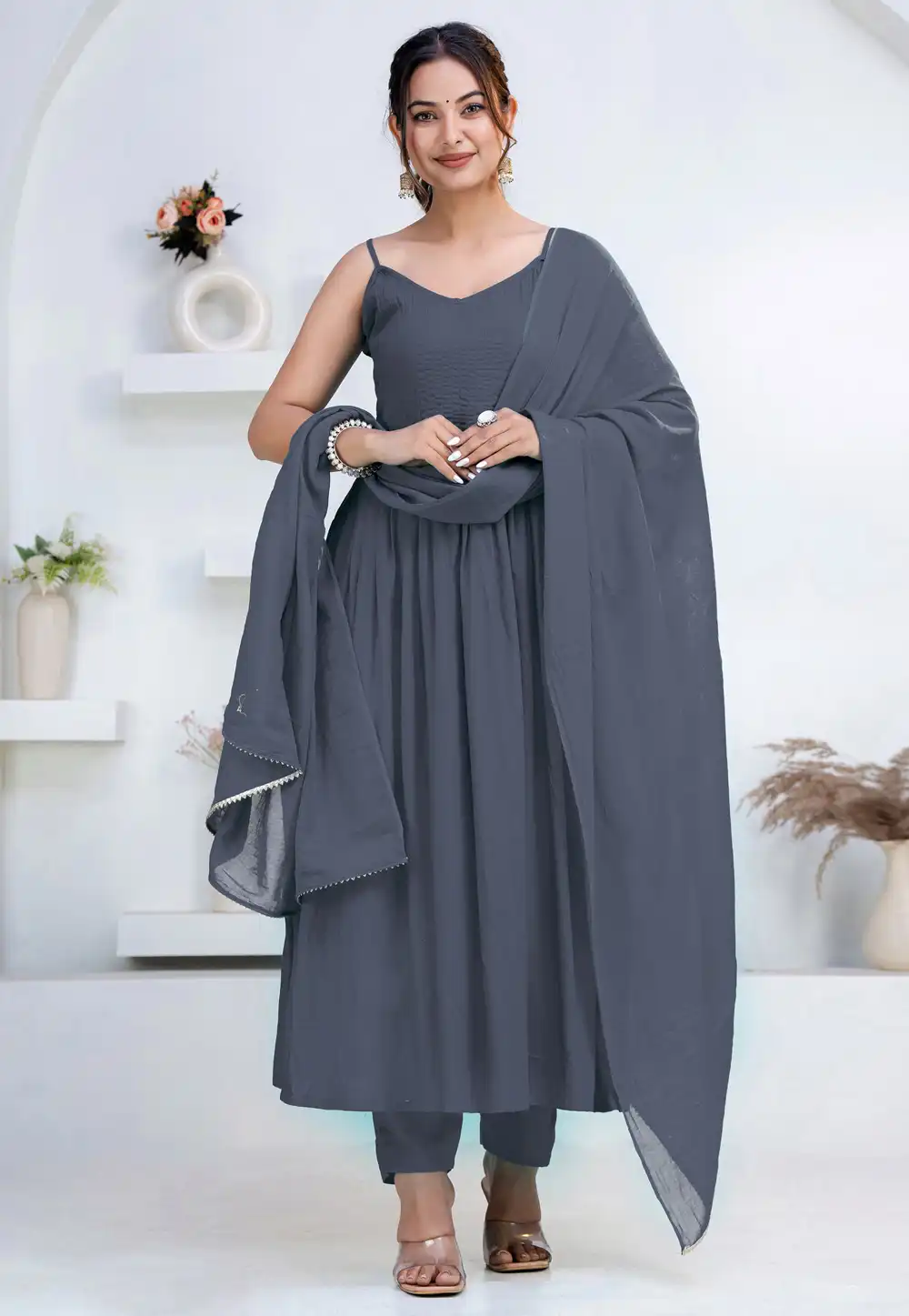 Grey Rayon Readymade Anarkali Suit 325437