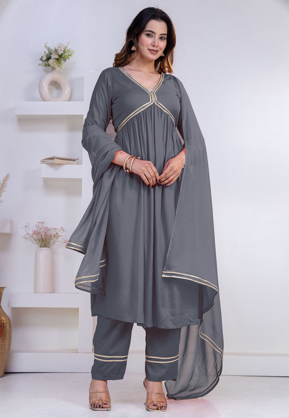 Grey Rayon Readymade Anarkali Suit 325448